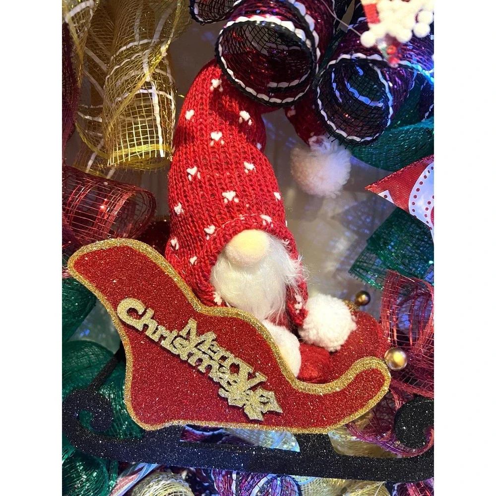 Handmade Christmas Gnome in Sleigh Holiday Ribbon Door Wreath 26 ins LED XLW2